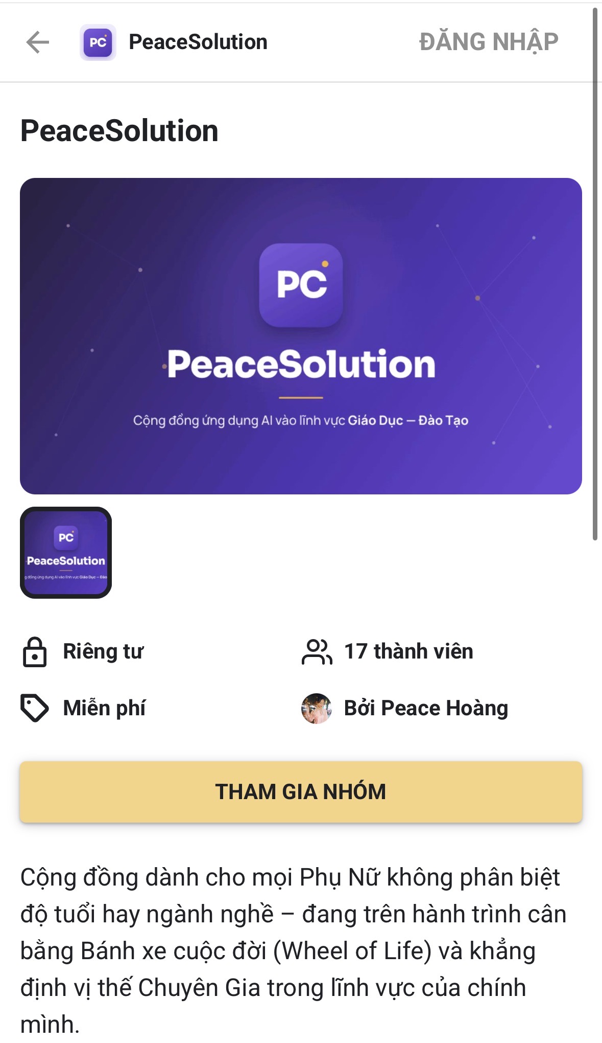 Trang giới thiệu cộng đồng PeaceSolution trên Skool