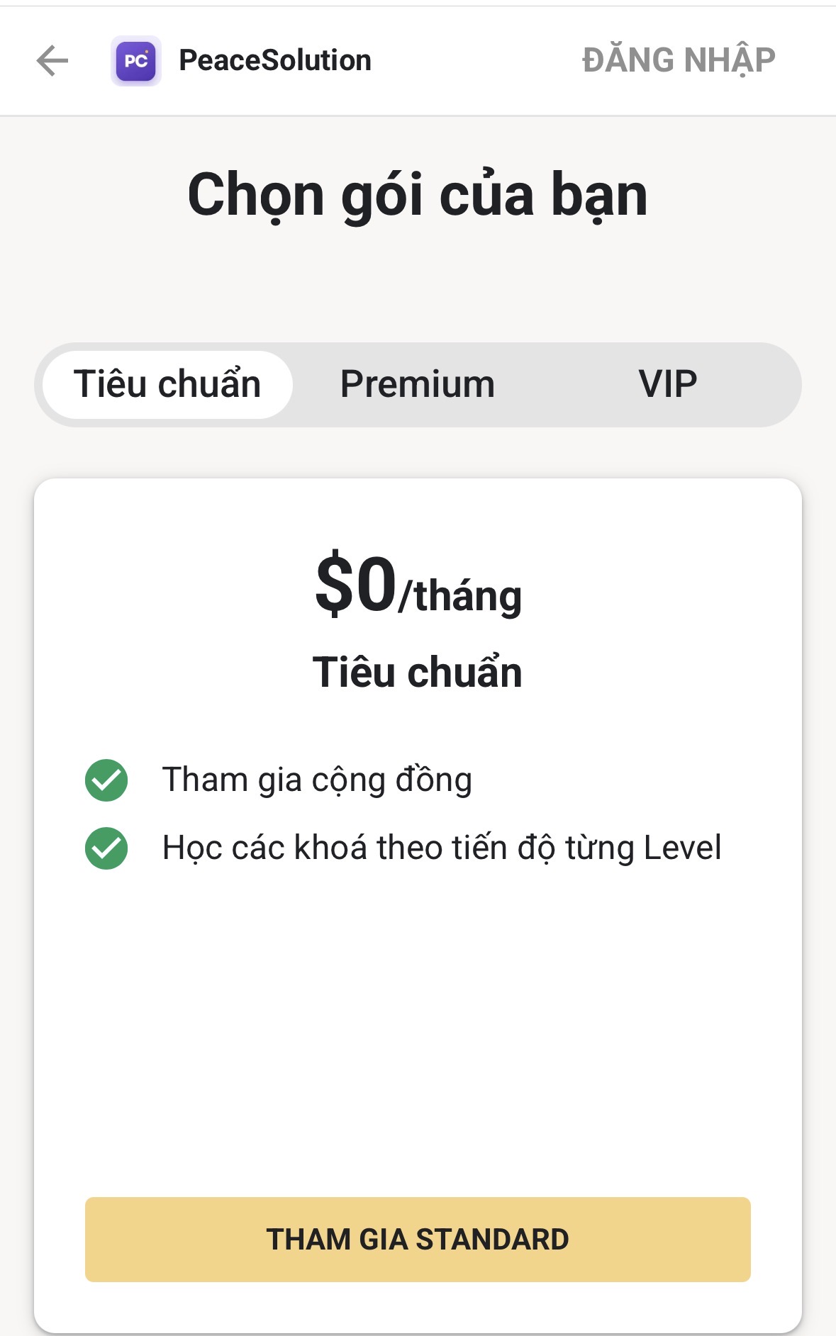 Màn hình chọn gói Tiêu chuẩn miễn phí trên PeaceSolution